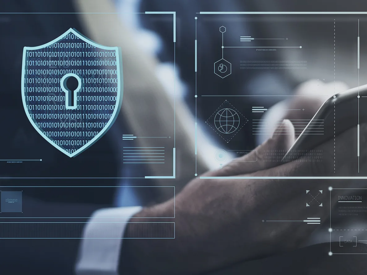 Man checking a mobile device. Man checking a mobile device. Padlock outline made of security code for backup as a service solutions.